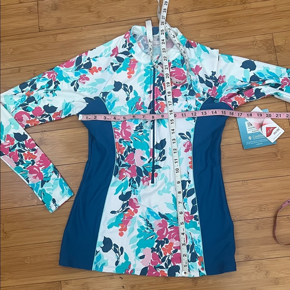 NWT Coolibar Escalante Full Zip Rash Guard 1/4 zip UPF 50+ Blue Floral Sz m bra - Picture 3 of 5